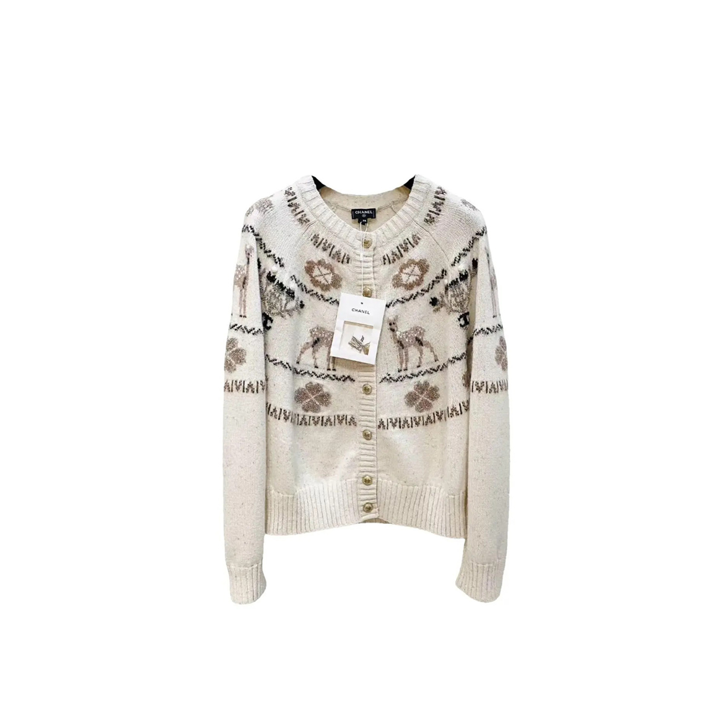 CHANEL CARDIGAN LONG SLEEVE REINDEER CLOVER TWEED CASHMERE 